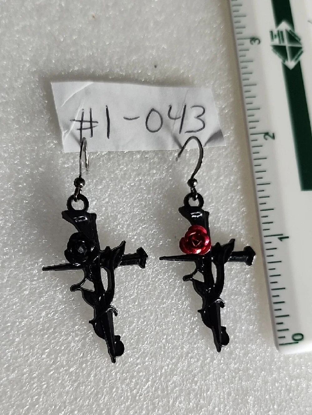 Hand Crafted Black Cross Earrings with Red Rose Accent